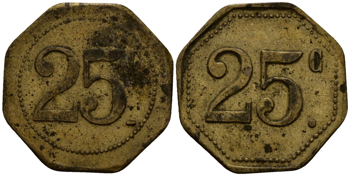 Франция 25 сантимов XIX-XX век ресторанный жетон латунь 4166-531