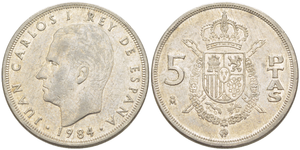 ИСПАНИЯ 5 ПЕСЕТ 1984 ХУАН КАРЛОС I ( 1975-) KM 823 медно-никель 216-653