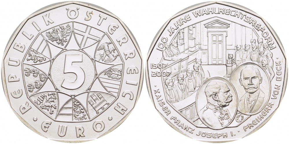 Австрия 5 евро 2007 100 лет Всеобщему избирательному праву, Франц Иосиф, введение всеобщего избирательного права для мужчин KM 3144 серебро UNC 11-153-13