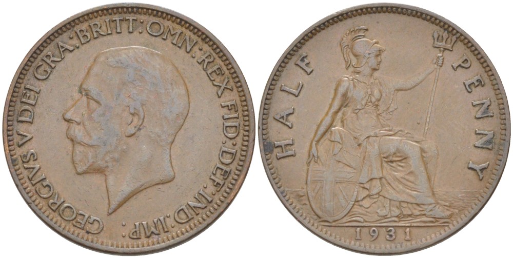 Великобритания 1/2 пенни 1931 Георг V (1910-1936) KM 837, Spink 4058 бронза 4513-1017
