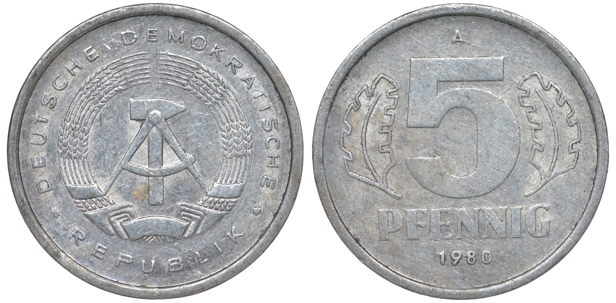 ГДР 5 ПФЕННИГОВ 1980 A KM 9.2 алюминий 62-417