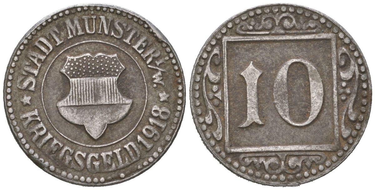 Мюнстер в Вестфалии 10 пфеннигов 1918 Funck 350.3A, Men18 22668.1 железо 188-1166
