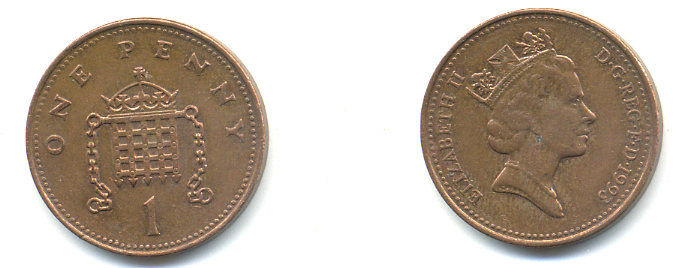 Великобритания 1 пенни 1993 Елизавета II (1952-2022) KM 935a, Spink 4391 (B4) сталь плакированная медью 177-1134