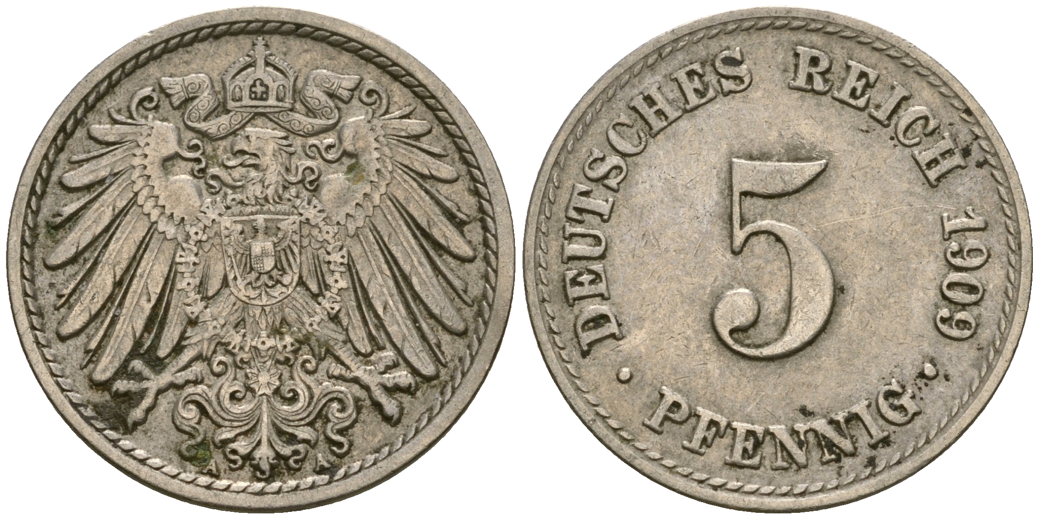Германия 5 пфеннигов 1909 A, KM 11, J. 12 медно-никель 4608-856