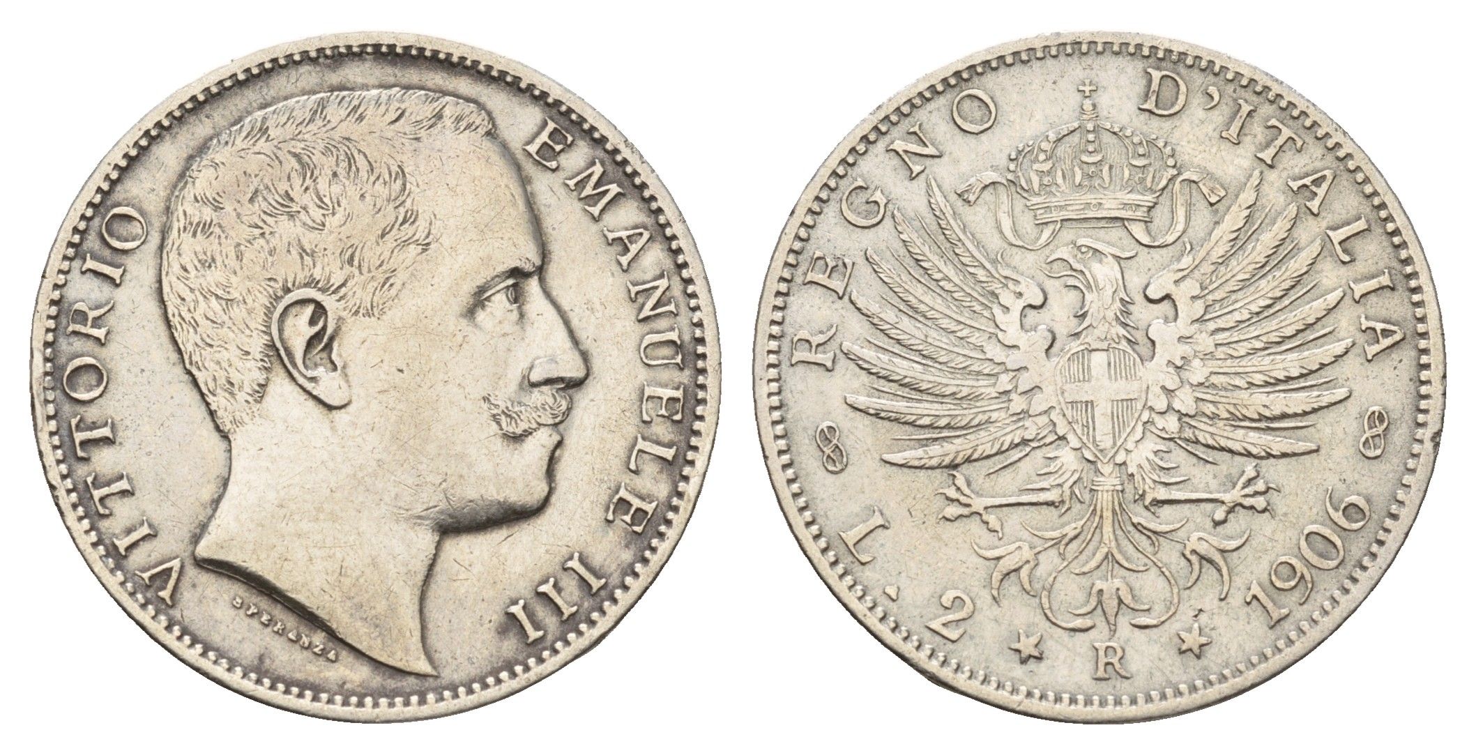 Италия 2 лиры 1906 R, Виктор Эммануил III (1900-1946) KM 33 серебро 413-1943