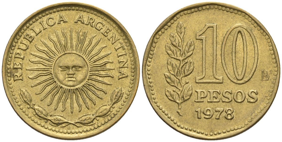 Аргентина 10 песо 1978 Ba, майское солнце KM 72, CJ 321, Schon 72 алюминиевая бронза    60-515