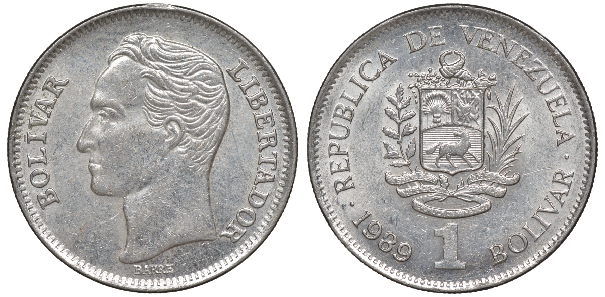 Венесуэла 1 боливар 1989 жирный шрифт Y 52a.1 сталь плакированная никелем 4606-527
