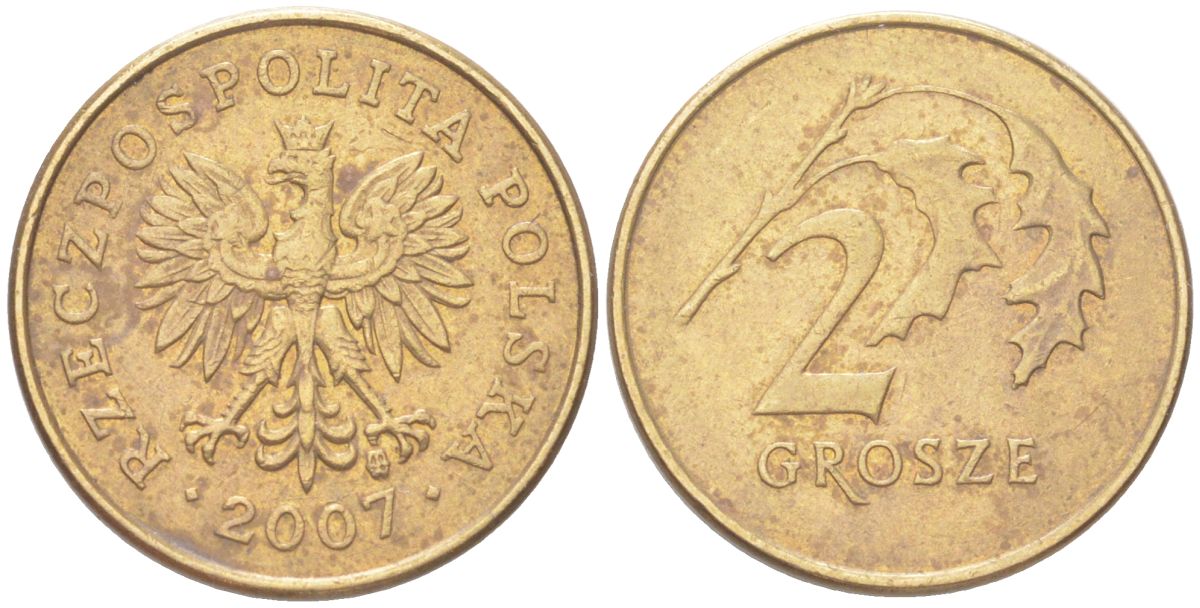 Польша 2 гроша 2007 Y 277 марганец латунь UNC 4614-263