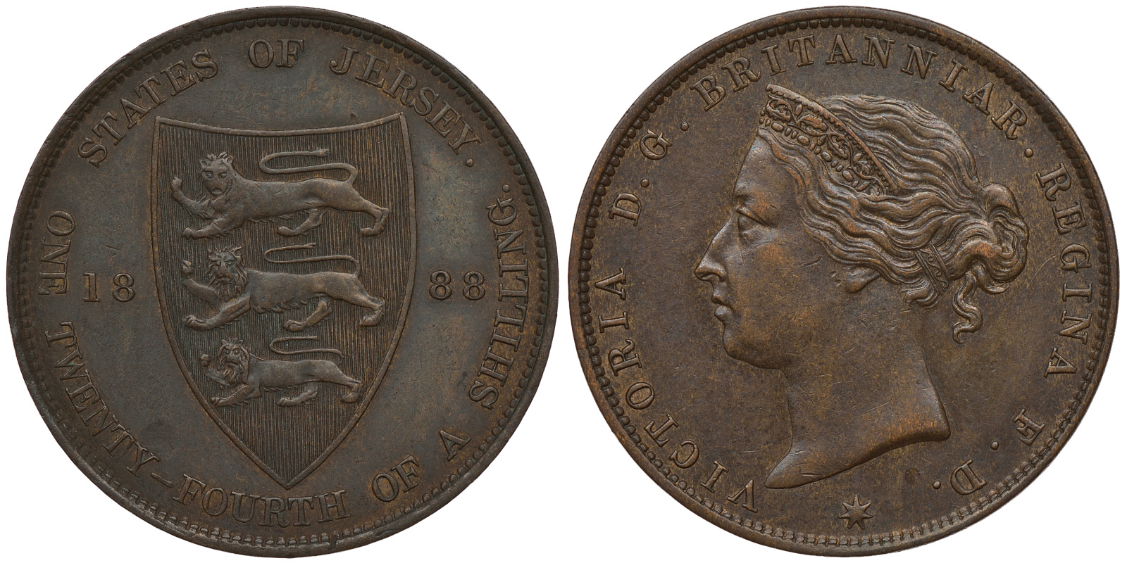 Джерси 1/24 шиллинга 1888 Виктория (1837-1901) KM 7 бронза 4393-435