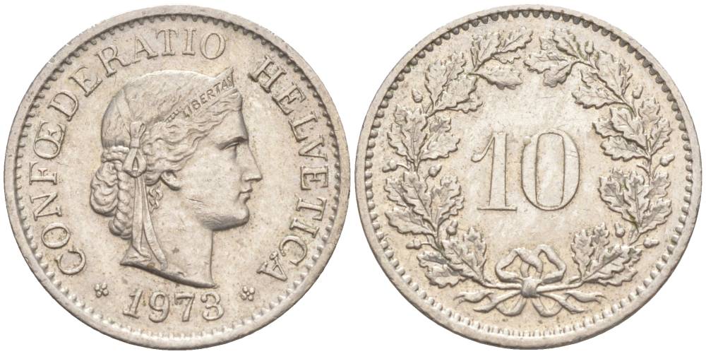 Швейцария 10 раппенов 1973 KM 27 медно-никель 55-444