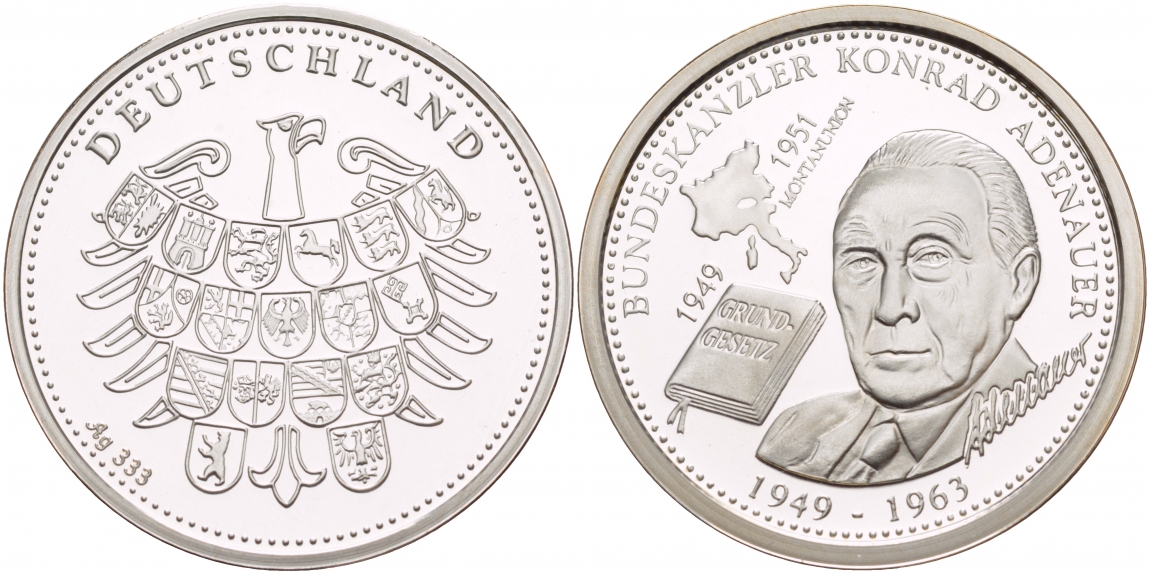ФРГ МЕДАЛЬ ND КАНЦЛЕТ КОНРАД АДЕНАУЕР серебро PROOF 1087-7-42
