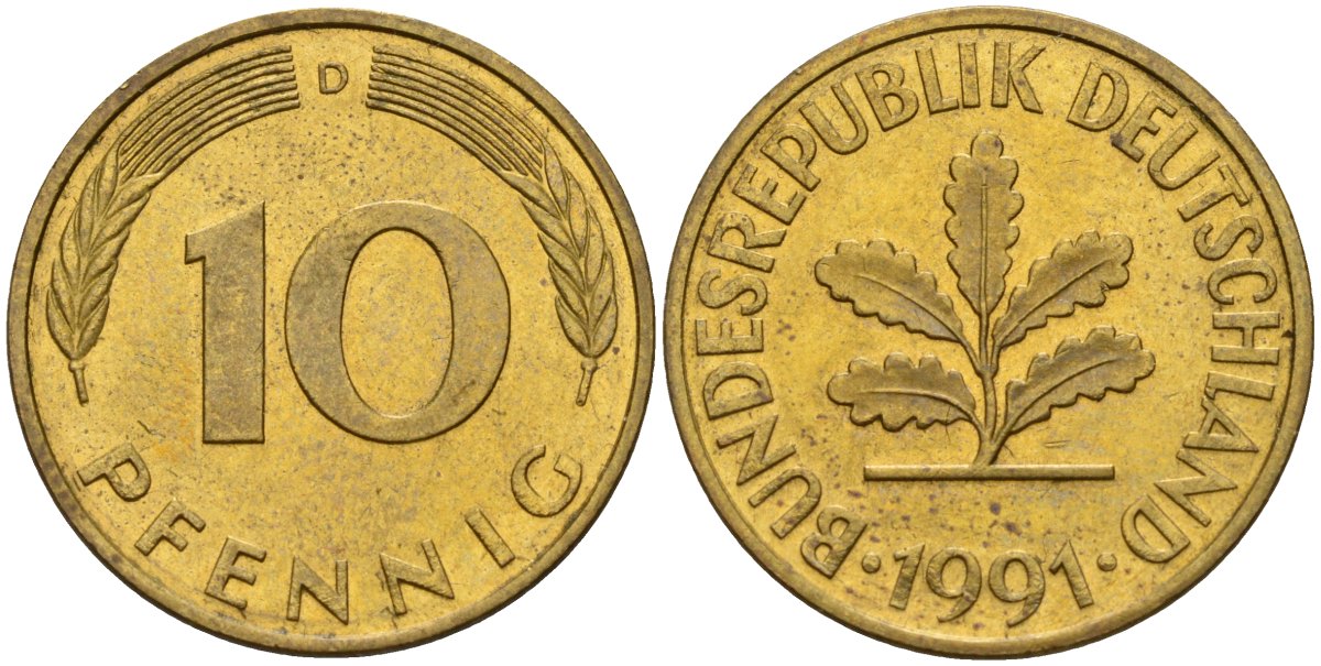 ФРГ 10 пфеннигов 1991 D KM 108, J. 383 сталь плакированная латунью 4175-415