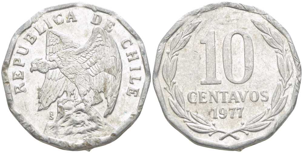 Чили 10 сентаво 1977 KM 205a алюминий 4402-415
