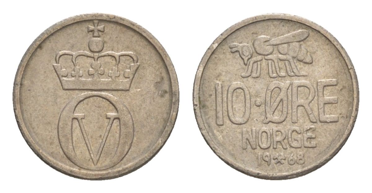 Норвегия 10 эре 1968 Улаф V (1957-1991) KM 411 медно-никель 4632-1155