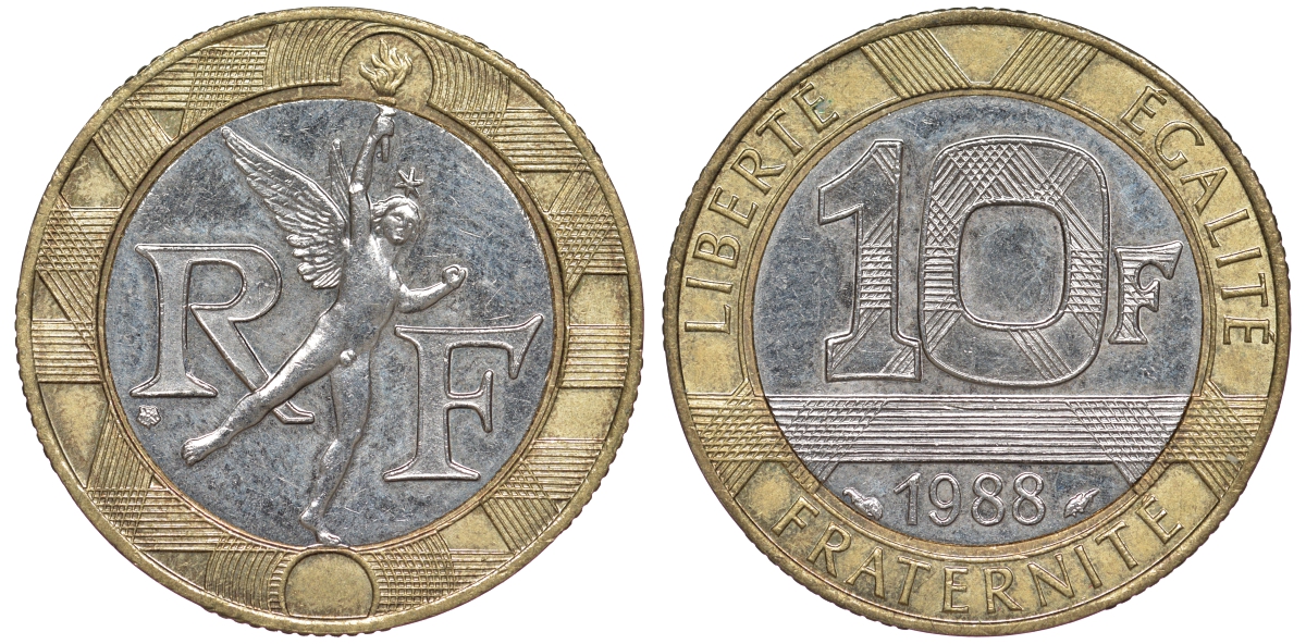 Франция 10 франков 1988 тип гений Бастилии KM 964.1, Le Franc 375.2 биметалл 4606-146