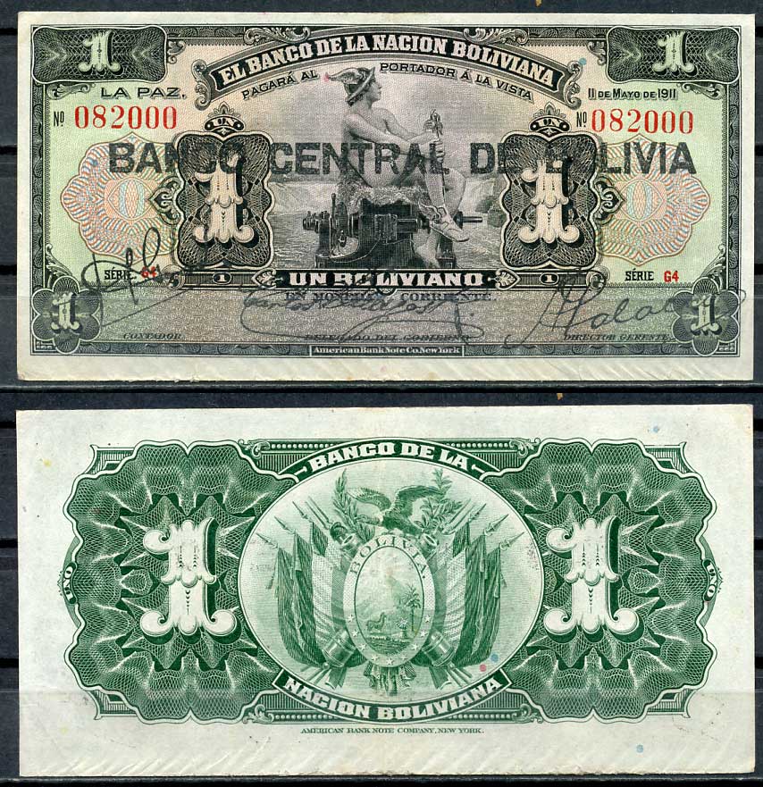 Боливия 1 боливиано 1911 (1929) надпечатка на Pick 103, серия G4, Меркурий Pick 112 (3)  бумага  7217-66-1-2