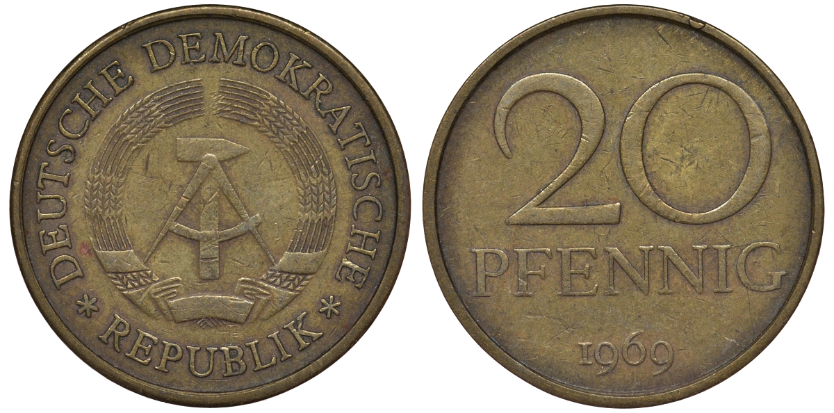 ГДР 20 пфеннигов 1969 А, первый год KM 11 латунь 62-1031