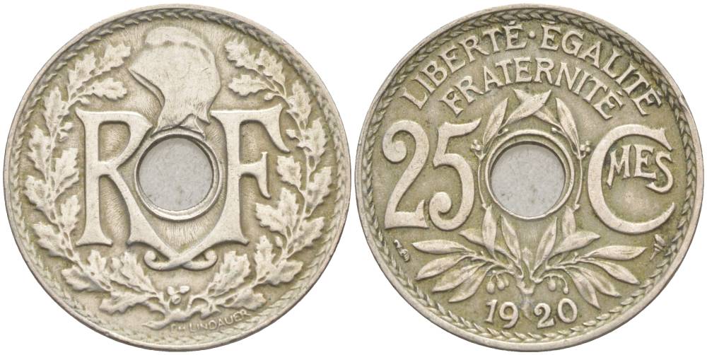 ФРАНЦИЯ 25 САНТИМОВ 1920 ТИП LINDAUER KM 867a, LE FRANC 171.4 медно-никель 55-151