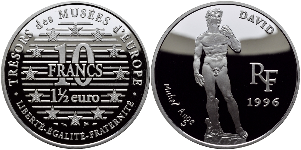 Франция 10 франков = 1 1/2 евро 1996 серия сокровища музеев Европы, Давид работы Микеланджело KM 1146 серебро PROOF  00-00