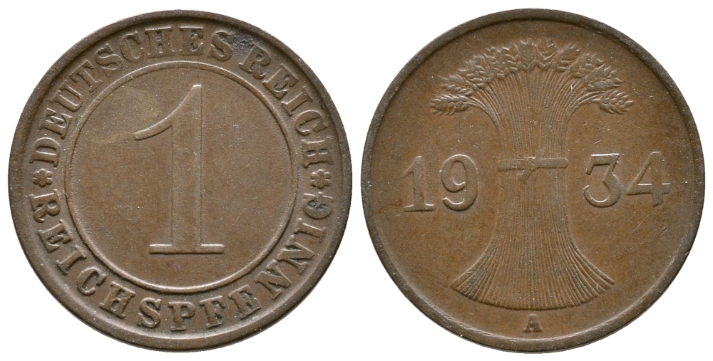 ГЕРМАНИЯ 1 РЕЙХСПФЕННИГ 1934 A KM 37, J. 313 бронза 4380-1253