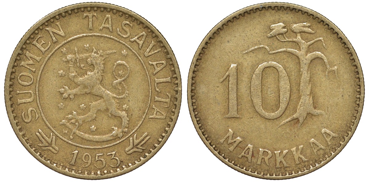 Финляндия 10 марок 1953 H KM 38 алюминиевая бронза 4164-441