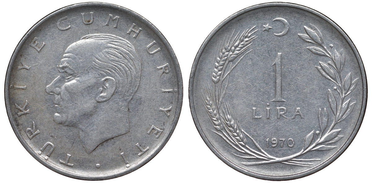 Турция 1 лира 1970 Мустафа Кемаль Ататюрк 889a.2 нержавеющая сталь 62-1046