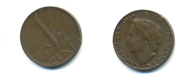 Нидерланды 1 цент 1948 Вильгельмина (1890-1948), год тип KM 175 бронза 80-942
