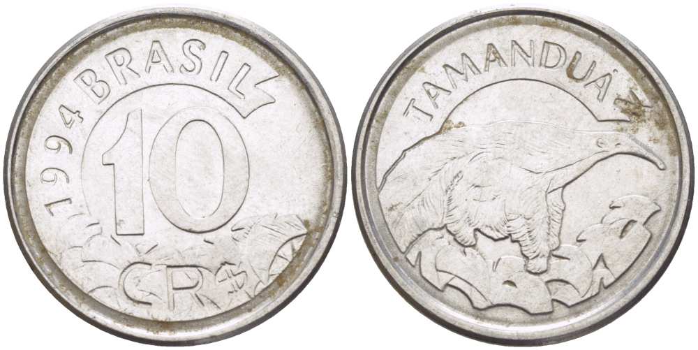 Бразилия 10 крузейро реал 1994 муравьед KM 628 нержавеющая сталь 4388-313