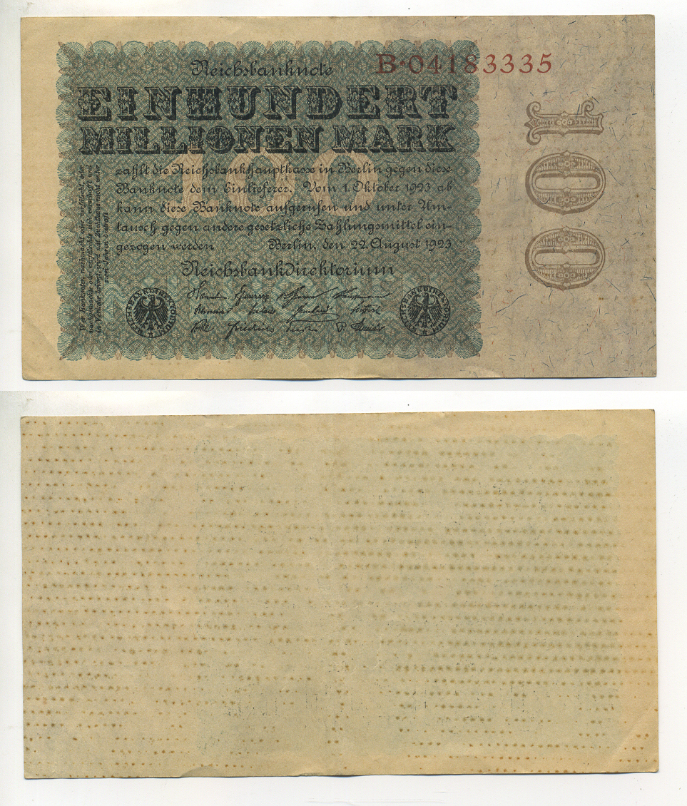 Германия 100000000 марок 1923 серия A Pick 107 a (1) бумага 7217-87-3-2