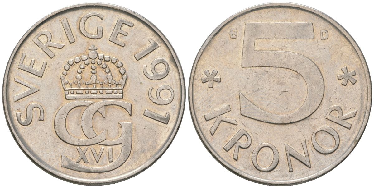 Швеция 5 крон 1991 D, Карл XVI Густав (1973-) KM 853 медно-никель 4131-1022