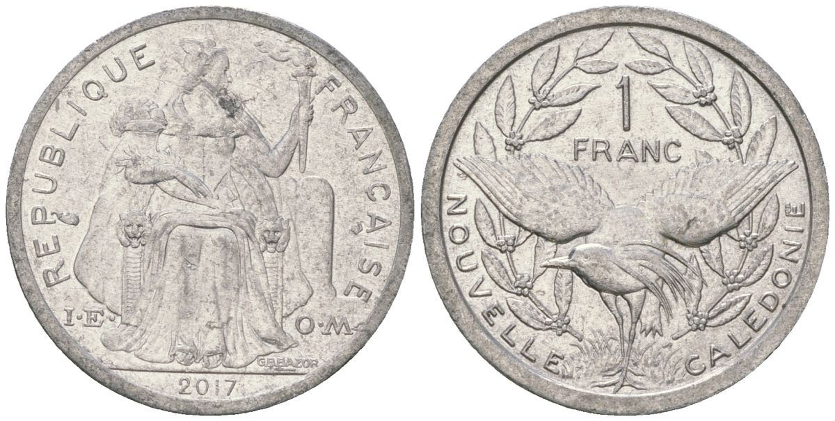 Французская Новая Каледония 1 франк 2017 птица кагу, (IEOM) KM 10, Schoen 10 алюминий 33-1222