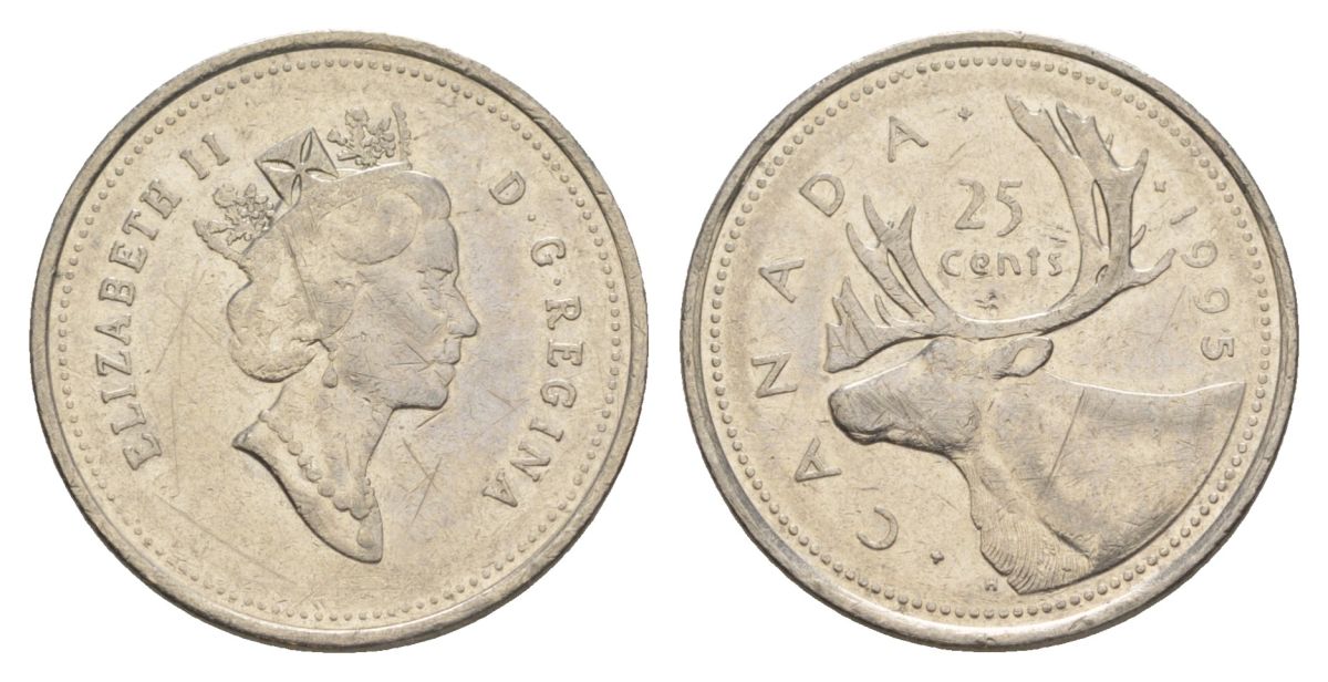 Канада 25 центов 1995 Елизавета II (1952-2022), олень KM 184 никель 4631-645
