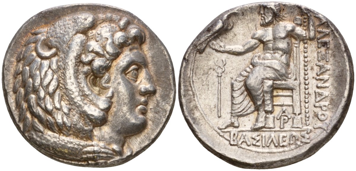 Македонское Царство тетрадрахма 328 - 320 гг. до н.э. Александр III Великий, голова Александра в виде Геракла в львином скальпе / "ЦАРЯ АЛЕКСАНДРА", Зевс на троне, держит орла и скипетр, слева кадуцей, г. Арад, 17,20 гр, серебро 10-020-20
