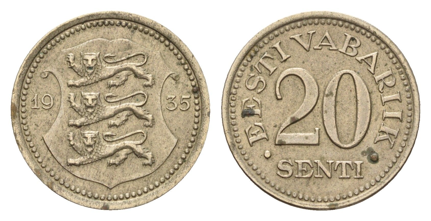 Эстония 20 сентов 1935 год-тип KM 17 никель латунь 46-2523