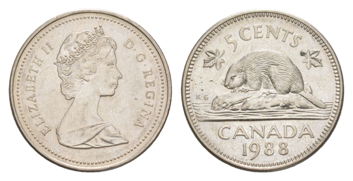 Канада 5 центов 1988 Елизавета II (1952-2022), бобр KM 60.2a медно-никель 4630-737