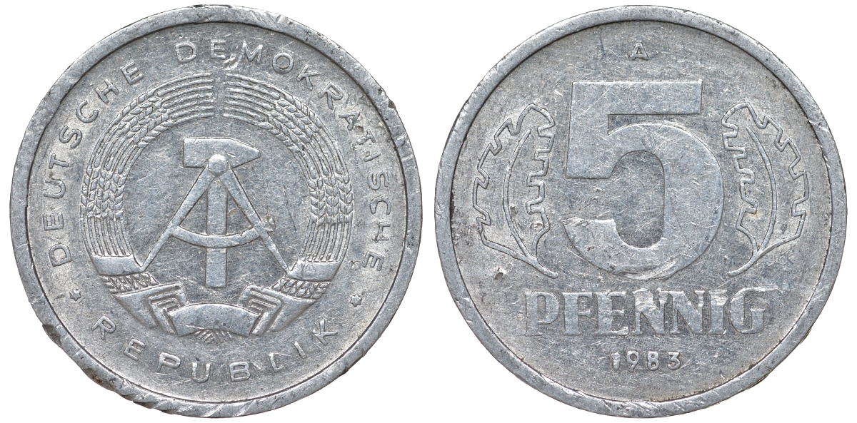 ГДР 5 ПФЕННИГОВ 1983 A КМ 9.2 алюминий 62-444