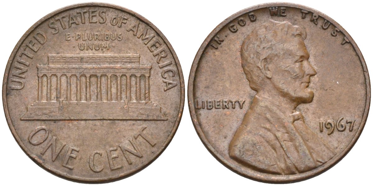 США 1 цент 1967 Линкольн KM 201 медь цинк 4115-839
