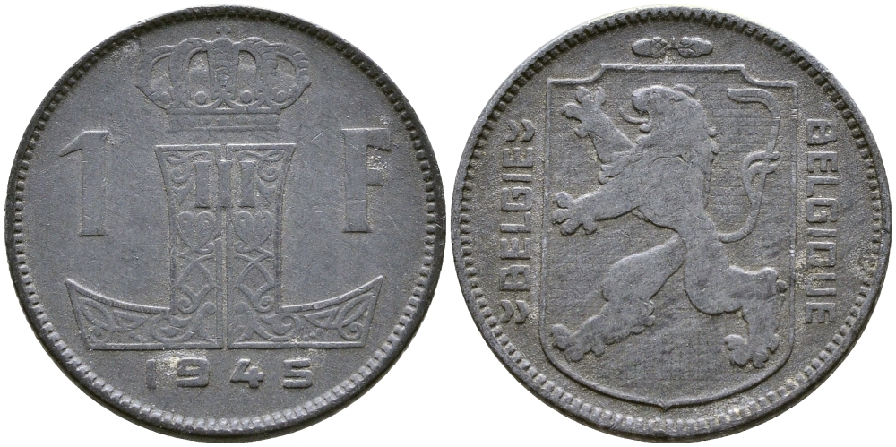 БЕЛЬГИЯ 1 ФРАНК 1945 BELGIE-BELGIQUE, ГЕРМАНСКАЯ ОККУПАЦИЯ, ВТОРАЯ МИРОВАЯ ВОЙНА KM 128 цинк 4383-346