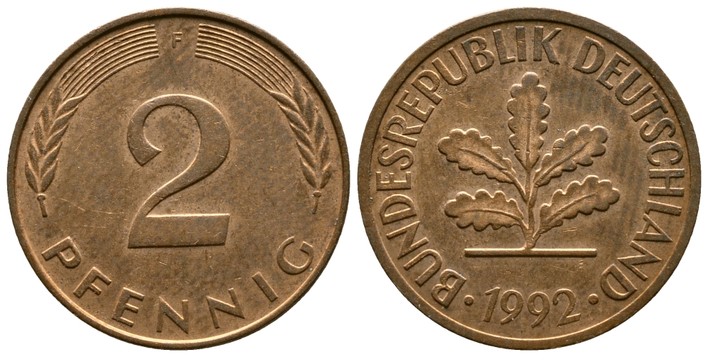 ФРГ 2 ПФЕННИГА 1992 F KM 106a, J.381a сталь плакированная сталь плакированная медьюю 179-1024