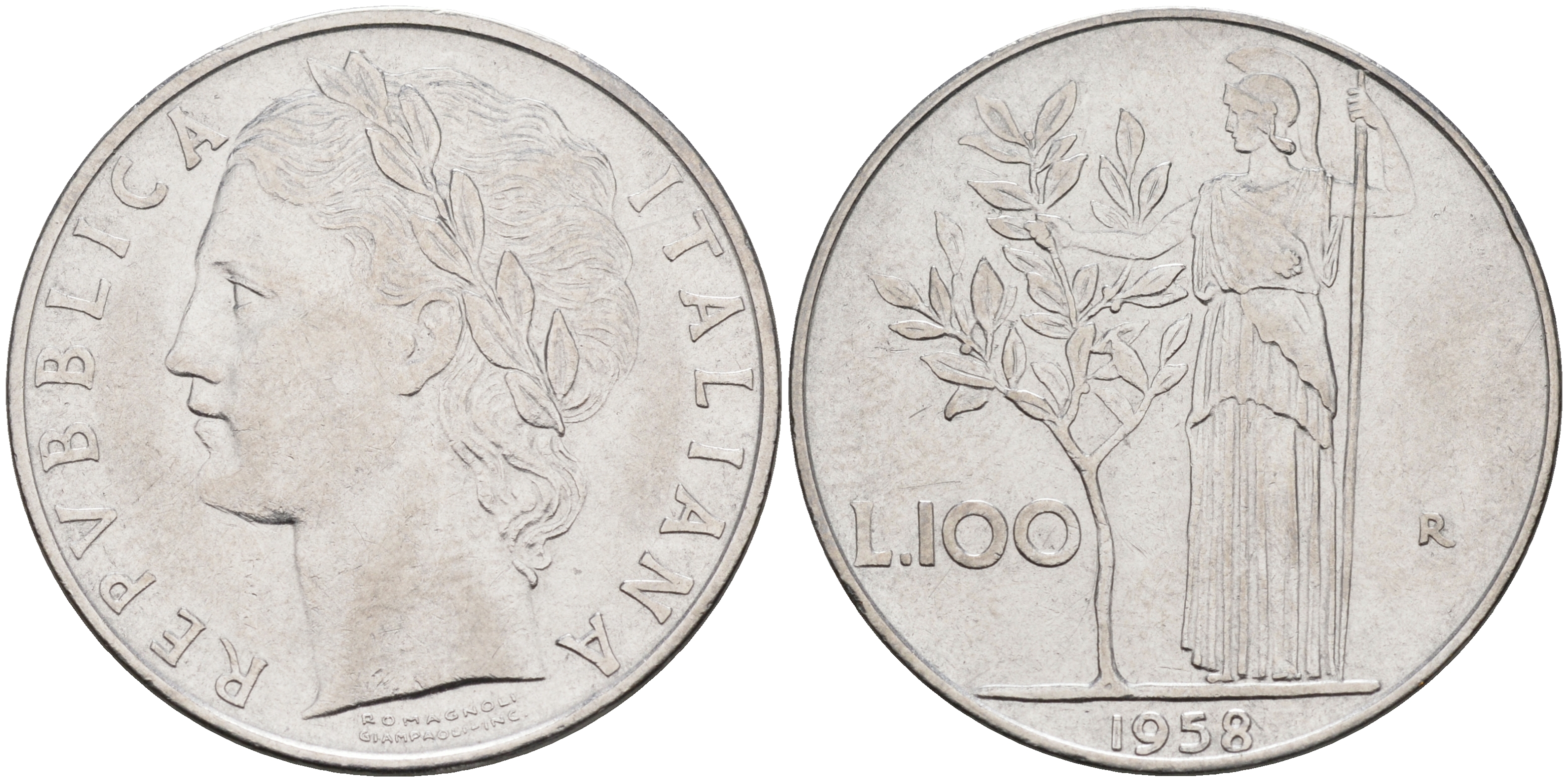 Италия 100 лир 1958 R, Афина KM 96.1 нержавеющая сталь 4117-323