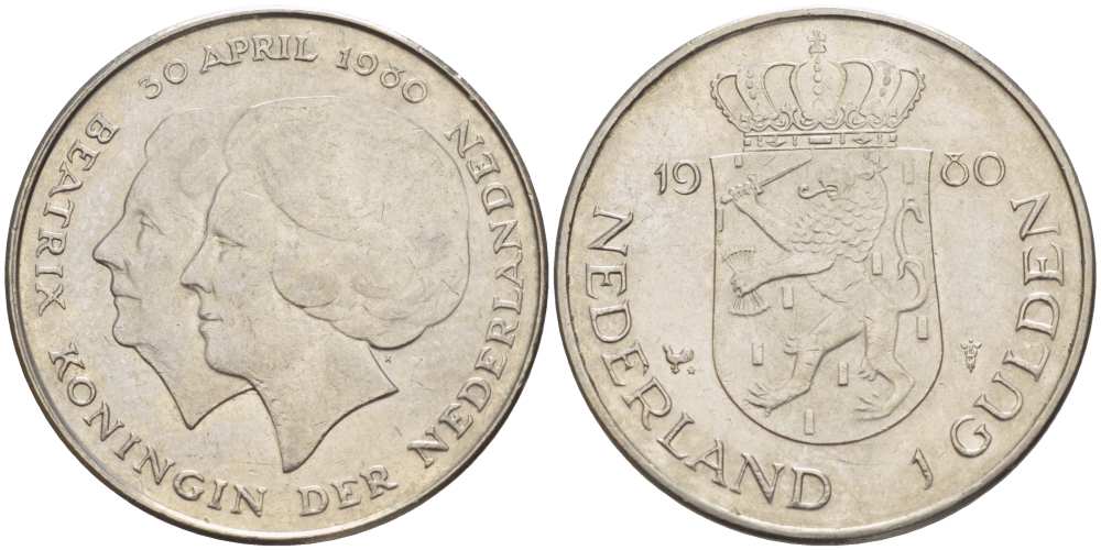 Нидерланды 1 гульден 1980 на коронацию Беатрикс, 30 апреля 1980 KM 200 никель 210-1236