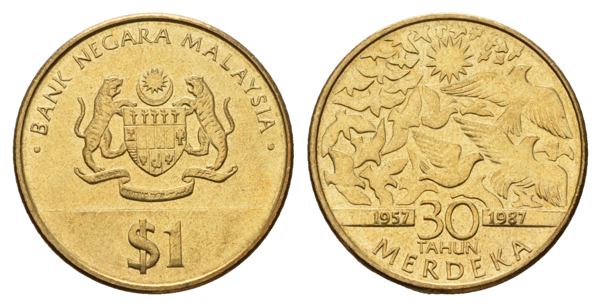 Малайзия 1 ринггит 1987 30 лет Независимости KM 43 латунь UNC 4671-1227