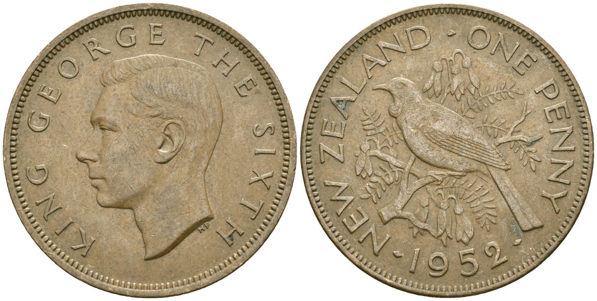 Новая Зеландия 1 пенни 1952 Георг VI (1936-1952), новозеландский туи KM 21 бронза 4542-1232