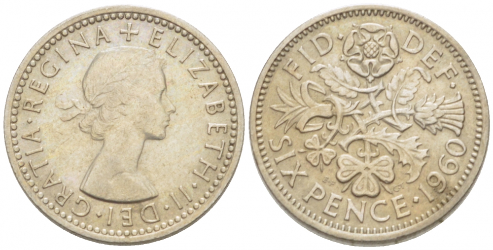 Великобритания 6 пенсов 1960 Елизавета II (1952-2022) KM 903, Spink 4149 медно-никель 3955-369