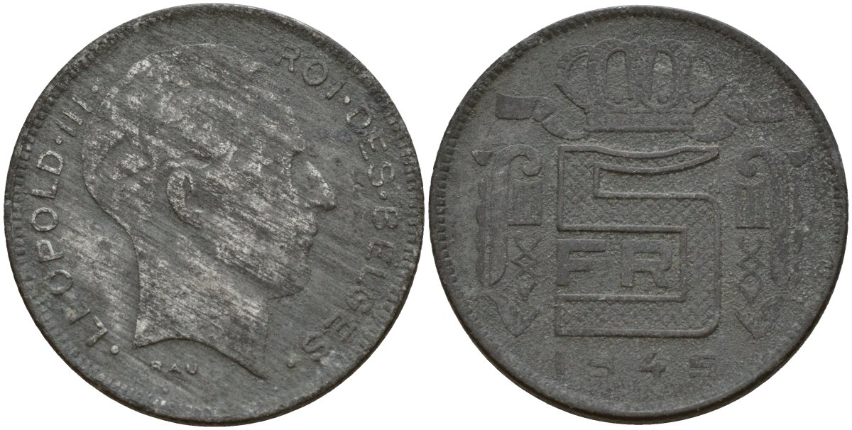 Бельгия 5 франков 1945 DES BELGES, Леопольд III (1934-1947) KM 130 цинк 4161-952