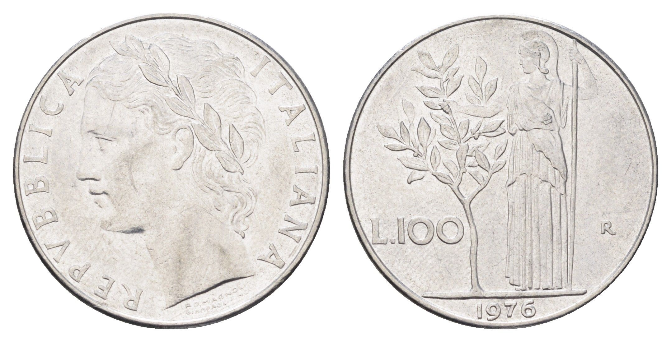 Италия 100 лир 1976 R, Афина в доспехах KM 96.1 нержавеющая сталь 4704-732