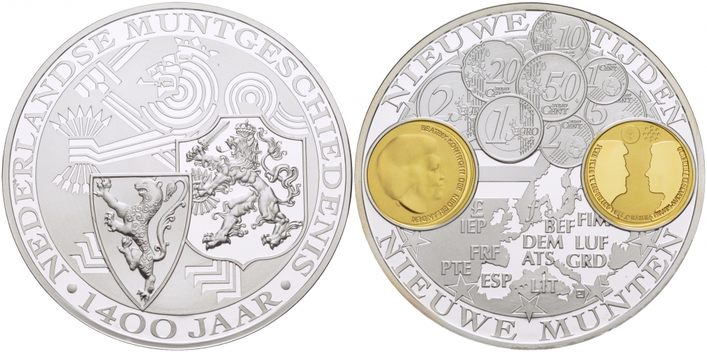 Нидерланды медаль ND 1400 лет монетному делу Нидерландов, выпуск евромонет  серебро, позолота  PROOF  11-154-21