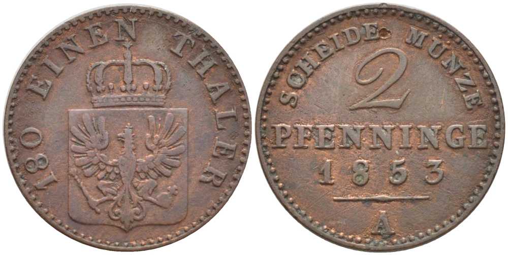 Пруссия 2 пфеннига 1853 А, Фридрих Вильгельм IV (1840-1861) KM 452, Jaeger 51, Olding 336, AKS 91 медь 201-564