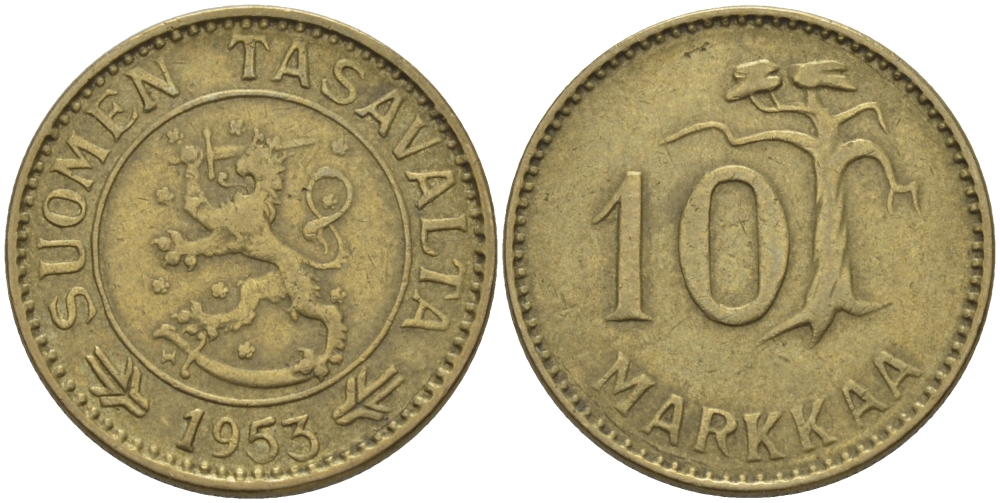 ФИНЛЯНДИЯ 10 МАРОК 1953 Н KM 38 алюминиевая бронза 100-227