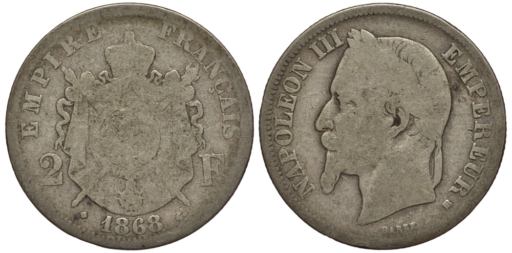 ФРАНЦИЯ 2 ФРАНКА 1868 ВВ KM 807.2 серебро 3896-941